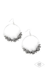 Load image into Gallery viewer, A stunning array of studded silver accents, oversized silver beads, and hematite rhinestone encrusted black beads are threaded along a dainty silver wire hoop, resulting in a dazzling pop of color. Earring attaches to a standard fishhook fitting.  Sold as one pair of earrings.
