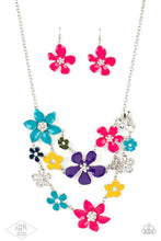 Load image into Gallery viewer, Painted in vivacious shades of blue, pink, purple, and yellow, a collection of colorful and plain silver floral-shaped frames bloom below the collar in three vivacious rows. Dainty white rhinestones dot the center of each flower, for a shimmery finish. Features an adjustable clasp closure.  Sold as one individual necklace. Includes one pair of matching earrings. Zi Collection
