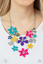 Load image into Gallery viewer, Painted in vivacious shades of blue, pink, purple, and yellow, a collection of colorful and plain silver floral-shaped frames bloom below the collar in three vivacious rows. Dainty white rhinestones dot the center of each flower, for a shimmery finish. Features an adjustable clasp closure.  Sold as one individual necklace. Includes one pair of matching earrings. Zi Collection
