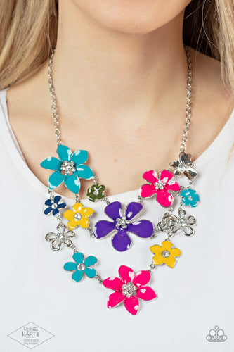 Painted in vivacious shades of blue, pink, purple, and yellow, a collection of colorful and plain silver floral-shaped frames bloom below the collar in three vivacious rows. Dainty white rhinestones dot the center of each flower, for a shimmery finish. Features an adjustable clasp closure.  Sold as one individual necklace. Includes one pair of matching earrings. Zi Collection