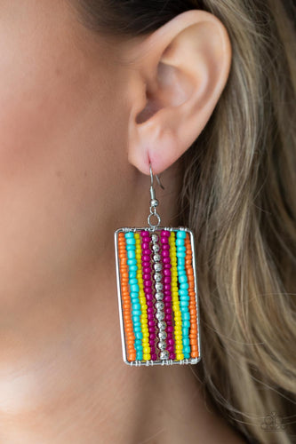 Infused with classic silver beads, rows of orange, turquoise, yellow, and pink seed beads are threaded along metal rods inside a rectangular frame for a colorful artisan inspired look. Earring attaches to a standard fishhook fitting.  Sold as one pair of earrings.