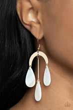 Load image into Gallery viewer, White shell-like teardrops trickle from the bottom of a gold rod and gold half moon frame, creating an ocean inspired chandelier. Earring attaches to a standard fishhook fitting.  Sold as one pair of earrings.
