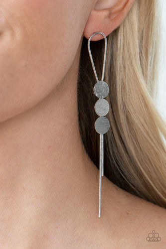 A silver loop of round snake chain is held in place by a trio of scratched silver discs, creating a trendy bolo-like lure. Earring attaches to a standard post fitting.  Sold as one pair of post earrings.