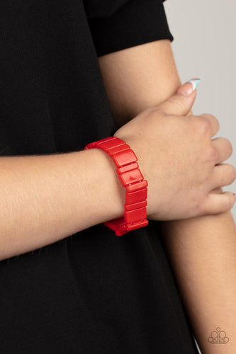 Painted in a fiery red finish, a mismatched collection of acrylic rectangular frames are threaded along stretchy bands around the wrist for a flamboyant pop of color.  Sold as one individual bracelet.