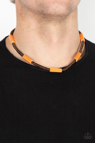 Glazed in a shiny orange finish, rectangular ceramic beads are knotted in place along braided brown cording below the collar for a colorfully urban look. Features a button loop closure.  Sold as one individual necklace.