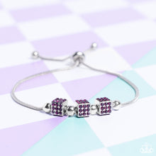 Load image into Gallery viewer, Dainty silver beads and purple rhinestone encrusted silver cubes slide along a rounded silver snake chain around the wrist, resulting in a radiant centerpiece. Features an adjustable sliding bead closure.  Sold as one individual bracelet.
