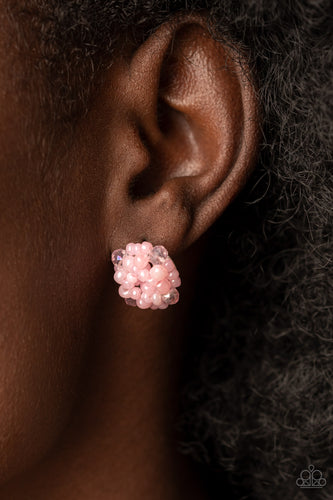The front of a dainty silver frame is embellished in pearly pink seed beads and pink crystal-like accents, creating a bubbly pop of color. Earring attaches to a standard post fitting.