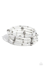 Load image into Gallery viewer, Pearly white seed beads, and various-sized silver accents are threaded along a coiled wire, creating a refined infinity wrap-style bracelet around the wrist.   Featured inside The Preview at Made for More! Sold as one individual bracelet
