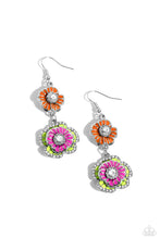 Load image into Gallery viewer, Dotted with dainty white gem centers and white rhinestone details, intricate 3D silver flowers, adorned in Rose Violet, Kohlrabi, and orange shades, link into a whimsical, glitzy lure. Earring attaches to a standard fishhook fitting.  Sold as one pair of earrings.
