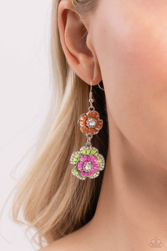 Dotted with dainty white gem centers and white rhinestone details, intricate 3D silver flowers, adorned in Rose Violet, Kohlrabi, and orange shades, link into a whimsical, glitzy lure. Earring attaches to a standard fishhook fitting.  Sold as one pair of earrings.