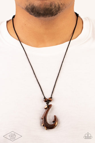 Hanging from the bottom of a double strand of black twine is an urban hook design. Finished in an uneven brown stain, the trendy hook design is complemented with two wooden bead knotted in black twine. Sliding knot closure allows for an adjustable fit.