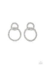 Load image into Gallery viewer, Rows of sparkly white rhinestones encircle two interconnected hoops, creating a jaw-dropping lure. Earring attaches to a standard post-fitting.  Sold as one pair of post earrings.
