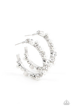 Load image into Gallery viewer, A bubbly array of classic white rhinestones and glassy white rhinestones are encrusted along the front of a silver hoop, creating an elegantly effervescent look. The earring attaches to a standard post-fitting. The hoop measures approximately 1 1/2&quot; in diameter.  Sold as one pair of hoop earrings.
