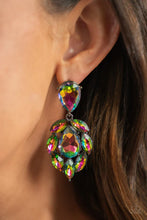 Load image into Gallery viewer, A stellar collection of marquise cut oil spill rhinestones nestle around an oversized teardrop oil spill rhinestone, creating a dramatically stellar display at the bottom of a matching oil spill teardrop rhinestone. Earring attaches to a standard post fitting.  Sold as one pair of post earrings.
