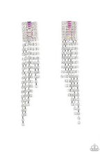 Load image into Gallery viewer, A tapered fringe of glittery white rhinestones streams out from the bottom of a rectangular silver frame. Dotted in rows of blinding white rhinestones, the center of the glitzy fitting is infused with a raised row of emerald-cut iridescent rhinestones for a dramatic dazzle. Due to its prismatic palette, color may vary. The earring attaches to a standard post-fitting.  Sold as one pair of post earrings.
