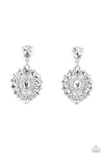 Load image into Gallery viewer, Bordered in dainty white rhinestones, an oval white gem is pressed into the center of an explosion of white marquise cut rhinestones. The icy frame swings from the bottom of a solitaire teardrop rhinestone, adding flirtatious movement to the jaw-dropping display. Earring attaches to a standard post fitting.  Sold as one pair of post earrings.
