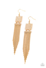 Load image into Gallery viewer, A tapered curtain of flat gold chains cascades from a gold rectangular fitting that delicately links to a gold square frame dotted with dainty white rhinestones, resulting in a trendy tassel. The earring attaches to a standard fishhook fitting. Sold as one pair of earrings.
