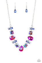 Load image into Gallery viewer, Featuring glassy, iridescent, and oil spill finishes, a mismatched collection of emerald cut blue, square multicolored, and teardrop pink gems delicately connects below the collar for a stellar statement. Features an adjustable clasp closure.  Sold as one individual necklace. Includes one pair of matching earrings.
