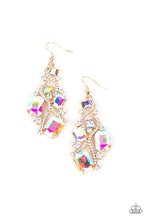 Load image into Gallery viewer, Golden ribbons of glassy white rhinestones whirl around a chandelier of classic round white rhinestones and emerald and square cut iridescent rhinestones, coalescing into an effervescent elegance. The earring attaches to a standard fishhook fitting.   Sold as one pair of earrings.

