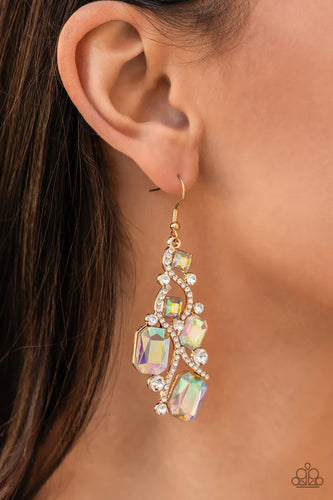 Golden ribbons of glassy white rhinestones whirl around a chandelier of classic round white rhinestones and emerald and square cut iridescent rhinestones, coalescing into an effervescent elegance. The earring attaches to a standard fishhook fitting.   Sold as one pair of earrings.
