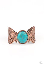 Load image into Gallery viewer, Etched and embossed in lifelike textures, two oversized copper feathers branch out from a refreshing turquoise stone center, curling into a whimsical cuff around the wrist.  Sold as one individual bracelet.
