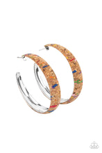 Load image into Gallery viewer, A cork lined silver hoop is splattered in multicolored paint, creating a colorful display. Hoop measures approximately 2&quot; in diameter. Earring attaches to a standard post fitting.  Sold as one pair of hoop earrings.
