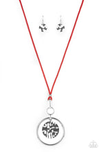 Load image into Gallery viewer, An oversized hammered disc swings from the top of a bold silver hoop that attaches to mismatched silver fittings at the bottom of a lengthened red cord, creating a dramatic pendant. Features an adjustable clasp closure.  Sold as one individual necklace. Includes one pair of matching earrings.
