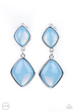 Load image into Gallery viewer, A pair of diamond shaped Cerulean opals are pressed into the centers of rustic silver frames that link into an ethereal lure. Earring attaches to a standard clip-on fitting.  Sold as one pair of clip-on earrings.
