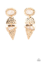 Load image into Gallery viewer, Dotted with oval and triangular white stone accents, mismatched gold frames alternate with hammered geometric gold plates, creating an elegantly earthy lure. Earring attaches to a standard post fitting.  Sold as one pair of post earrings.
