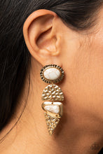 Load image into Gallery viewer, Dotted with oval and triangular white stone accents, mismatched gold frames alternate with hammered geometric gold plates, creating an elegantly earthy lure. Earring attaches to a standard post fitting.  Sold as one pair of post earrings.
