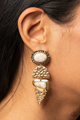 Dotted with oval and triangular white stone accents, mismatched gold frames alternate with hammered geometric gold plates, creating an elegantly earthy lure. Earring attaches to a standard post fitting.  Sold as one pair of post earrings.