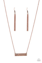 Load image into Gallery viewer, The word &quot;Family,&quot; is inscribed between symbolic life lines on a rectangular copper plate creating an affectionate keepsake on a dainty copper chain below the collar. Features an adjustable clasp closure.  Sold as one individual necklace. Includes one pair of matching earrings.
