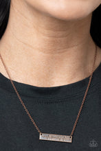 Load image into Gallery viewer, The word &quot;Family,&quot; is inscribed between symbolic life lines on a rectangular copper plate creating an affectionate keepsake on a dainty copper chain below the collar. Features an adjustable clasp closure.  Sold as one individual necklace. Includes one pair of matching earrings.
