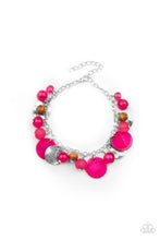Load image into Gallery viewer, Infused with wooden beads and silver discs, an earthy collection of glassy, opaque, and shell-like Raspberry Sorbet beads swing from the wrist, creating a springtime inspired fringe. Features an adjustable clasp closure.
