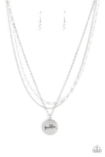 Load image into Gallery viewer, Infused with a strand of iridescent crystal-like beads, two dainty rows of mismatched silver chains delicately layer below the collar. Stamped in the word, &quot;Grandma,&quot; a shiny silver disc swings from the lowest chain, creating a loving pendant. Features an adjustable clasp closure.  Sold as one individual necklace. Includes one pair of matching earrings.
