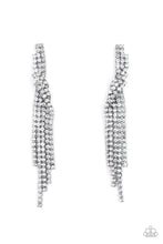 Load image into Gallery viewer, Encased in glistening gunmetal fittings, dainty strands of glittery white rhinestones delicately overlap into a tapered tassel for a twinkly look. Earring attaches to a standard post fitting.  Sold as one pair of post earrings.
