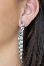 Load image into Gallery viewer, Encased in glistening gunmetal fittings, dainty strands of glittery white rhinestones delicately overlap into a tapered tassel for a twinkly look. Earring attaches to a standard post fitting.  Sold as one pair of post earrings.
