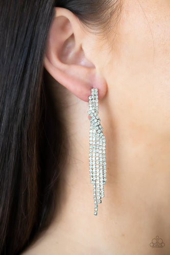 Encased in sleek silver fittings, dainty strands of glittery white rhinestones delicately overlap into a tapered tassel for a twinkly look. Earring attaches to a standard post fitting.