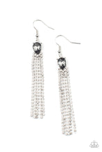 Load image into Gallery viewer, Dainty strands of glassy white rhinestones stream out from the bottom of a smoky teardrop rhinestone, creating a timelessly tasseled display. Earring attaches to a standard fishhook fitting.  Sold as one pair of earrings.
