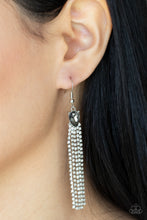 Load image into Gallery viewer, Dainty strands of glassy white rhinestones stream out from the bottom of a smoky teardrop rhinestone, creating a timelessly tasseled display. Earring attaches to a standard fishhook fitting.  Sold as one pair of earrings.
