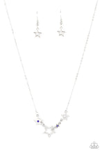 Load image into Gallery viewer, A mismatched collection of airy silver stars and blue rhinestone dotted star frames delicately link below the collar, creating a stellar patriotic inspired pendant. Features an adjustable clasp closure.  Sold as one individual necklace. Includes one pair of matching earrings.
