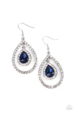 Load image into Gallery viewer, A brilliant blue teardrop gem, encased in a sparkling white rhinestone frame, creates a striking pendant as it dangles inside an airy teardrop frame encrusted with white rhinestones and culminates into a mesmerizing lure. Earring attaches to a standard fishhook fitting.  Sold as one pair of earrings.
