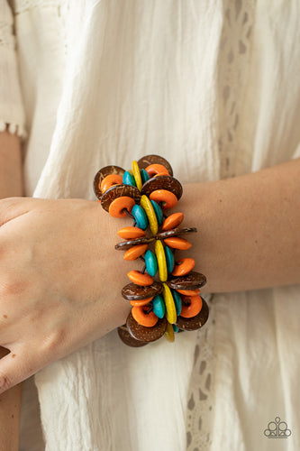 A colorful collection of brown, orange, yellow, and turquoise disc-shaped wooden beads are threaded along stretchy bands creating a tropical island vibe around the wrist.  Sold as one individual bracelet.