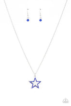 Load image into Gallery viewer, A blue rhinestone encrusted silver star delicately overlaps with a shiny silver star below the collar, creating a sparkly patriotic pendant. Features an adjustable clasp closure.  Sold as one individual necklace. Includes one pair of matching earrings.
