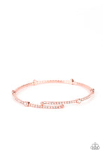 Load image into Gallery viewer, Encased in shiny copper fittings, a sparkly collection of solitaire white rhinestones adorn a glittery strand of dainty white rhinestones that coil around the wrist, creating a dainty cuff.  Sold as one bracelet.
