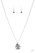 Load image into Gallery viewer, Infused with a solitaire blue rhinestone, a shiny silver disc is stamped in the patriotic phrase, &quot;Star Spangled and Sassy,&quot; as is glides along a lengthened silver chain for a sassy finish. Features an adjustable clasp closure.  Sold as one individual necklace. Includes one pair of matching earrings.
