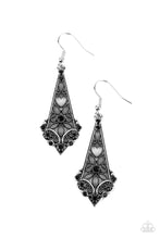 Load image into Gallery viewer, Dotted heart and flower filigree motifs permeate an elongated diamond-shaped silver frame. Dainty black rhinestones scatter across the design creating a whimsical lure. Earring attaches to a standard fishhook fitting.  Sold as one pair of earrings.

