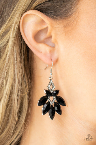 Featuring regal marquise style cuts, oversized black gems fan out from glassy white rhinestone dotted frames that stack into a glamorous lure. Earring attaches to a standard fishhook fitting.  Sold as one pair of earrings.