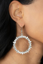 Load image into Gallery viewer, Encased in pronged silver fittings, a sparkly collection of marquise cut rhinestones delicately coalesce into a brilliant white hoop for a show-stopping finish. Earring attaches to a standard fishhook fitting.  Sold as one pair of earrings.
