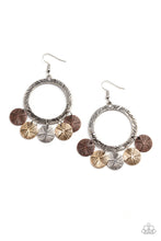 Load image into Gallery viewer, Haphazardly etched in gritty linear textures, an antiqued silver hoop gives way to a fringe of star stamped copper, gold, and silver discs. Earring attaches to a standard fishhook fitting.  Sold as one pair of earrings.
